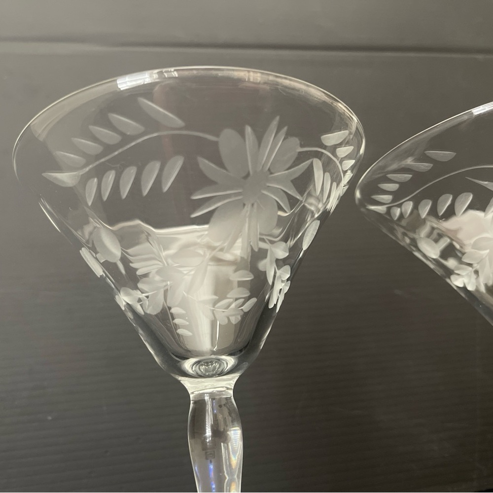 Vintage Etched Floral 6” Martini Champagne Tall Sherbet Glass Set Of 2 EUC - Picture 4 of 8